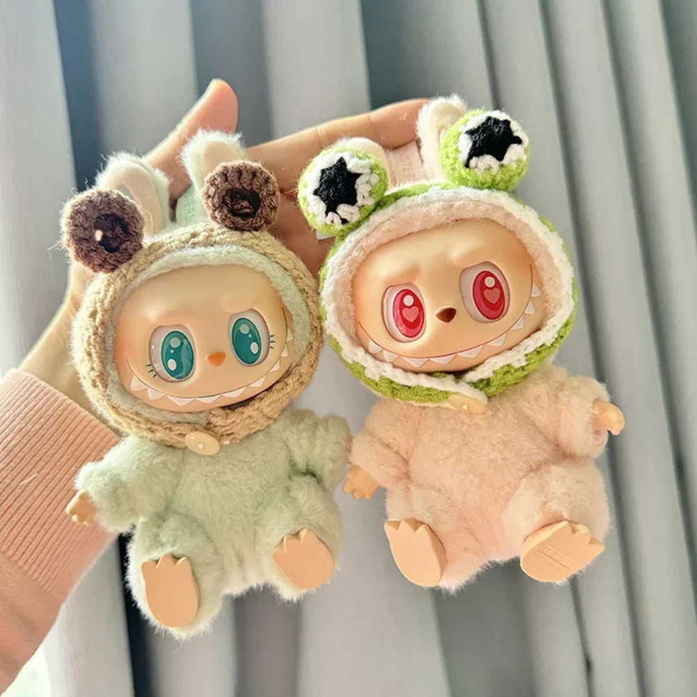 Mini ropa de muñeca de peluche de 17cm, accesorios para Labubu Idol, diadema tejida hecha a mano con Orejas de conejo y rana, suéter, ropa