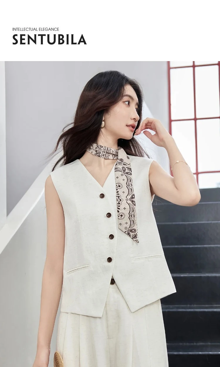 SENTUBILA Damen Weste mit V-Ausschnitt, Sommer 2026, Neues Minimalistisches Pendler-Design, Einfache Ärmellose Oberbekleidung mit Kordelzug, 162JA4957 – Detail 3