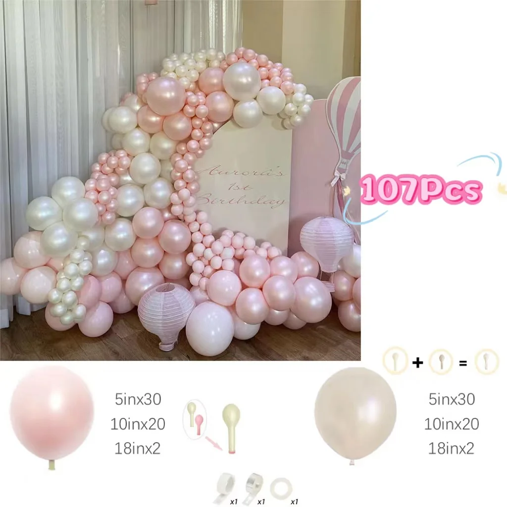 107PCS Double Stuffed Pearl Pink Stand White Balloons Garland Arch kit Wedding Birthday Party Baby Shower Anniversary Decoration