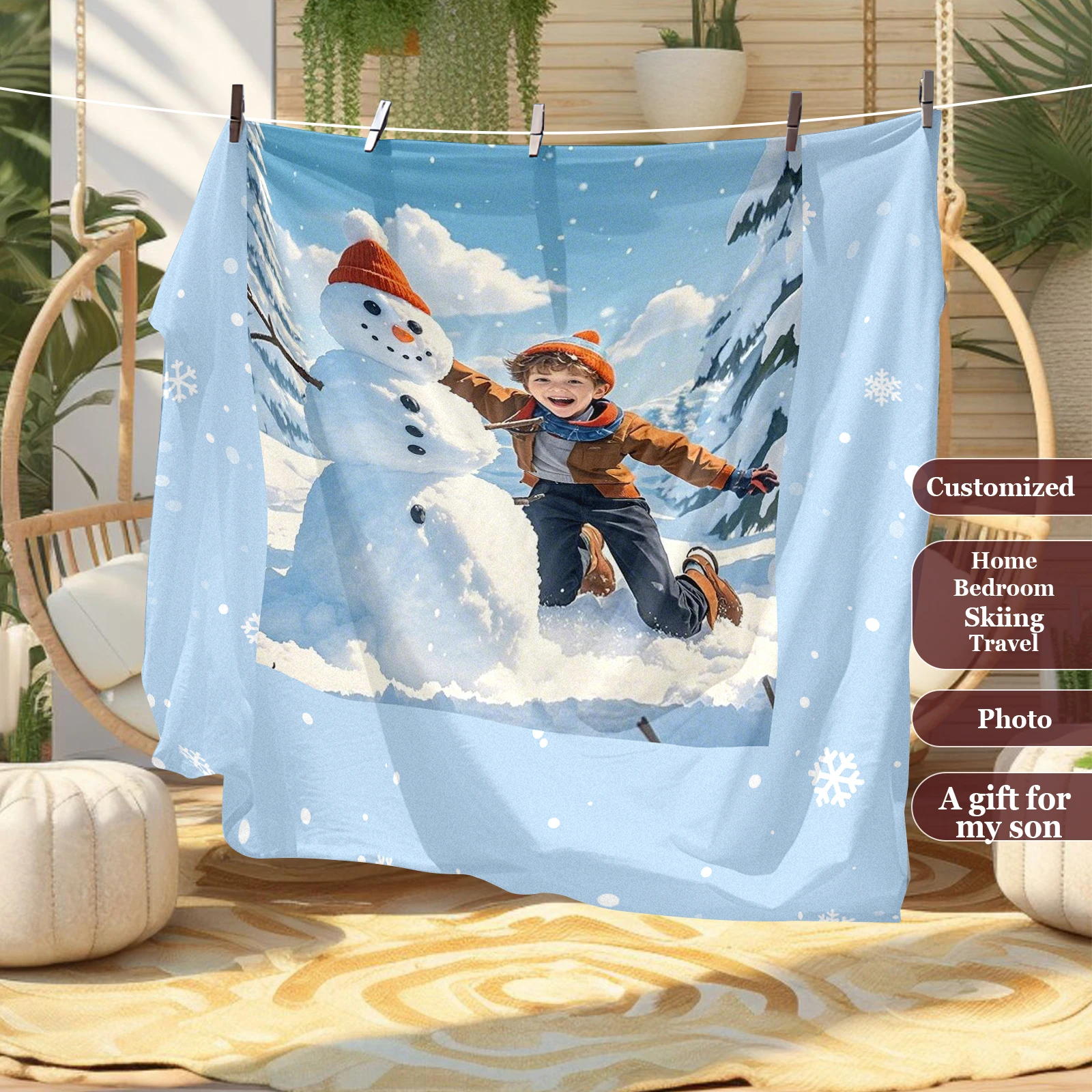 

Kid Happy With The Snowman Photo Customizable Photo Blanket Creative Birthday Gift For Kids Couch Bedroom Outdoor Play Available