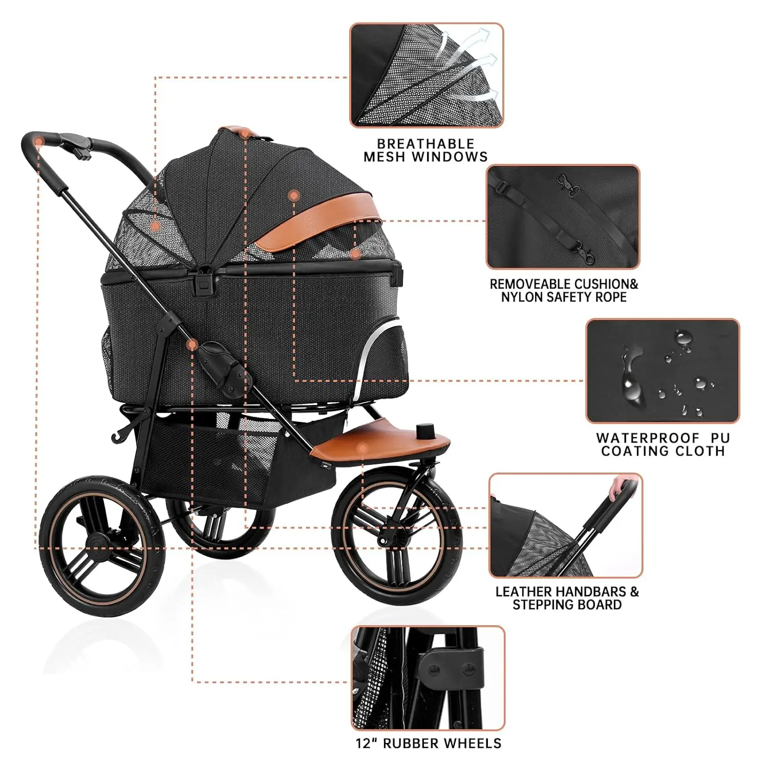 Dog and Cat Jogger Stroller, 3in 1 para cães pequenos médios, transporte destacável, 3 rodas