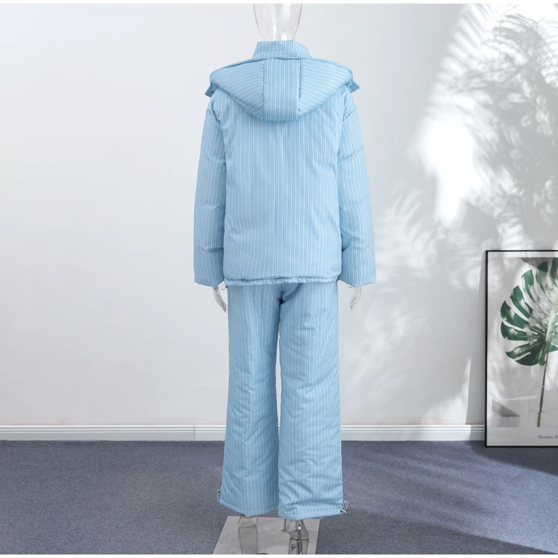 Elegant Printed Cotton Jacket Trouser Women's Set Hooded Thicken Zipper Coat Straight Pants Loose Lady 2026 Winter Autumn Suit