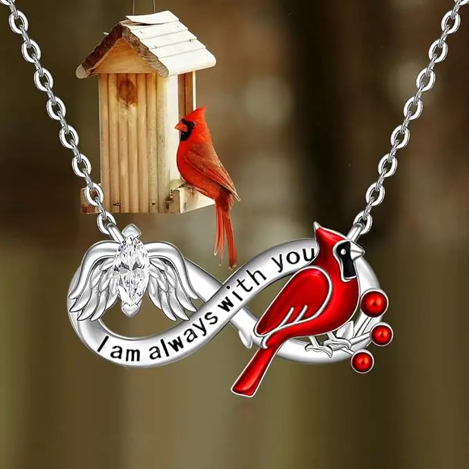 Cute and Fashionable Red Bird Cardinal Angel Wings Infinity Symbol Pendant Necklace, A Perfect Gift for Your Lover and Friends