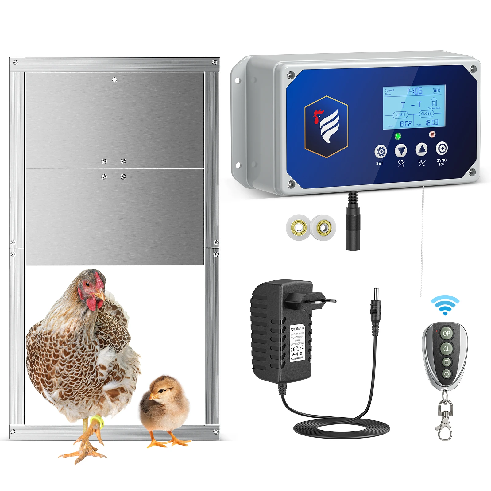 Automatische grote kippendeuropener, 4 bedieningsmodi met lichtsensor, LED-scherm, automatische detectie met batterijhouder