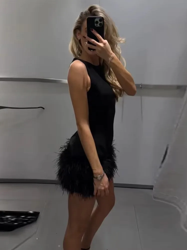MUJER 2025 Feather Mini Dress Women Black Sleeveless Corset Dress Woman off Shoulder Party Dresses for Women Luksusowa krótka sukienka — zdjęcie 3