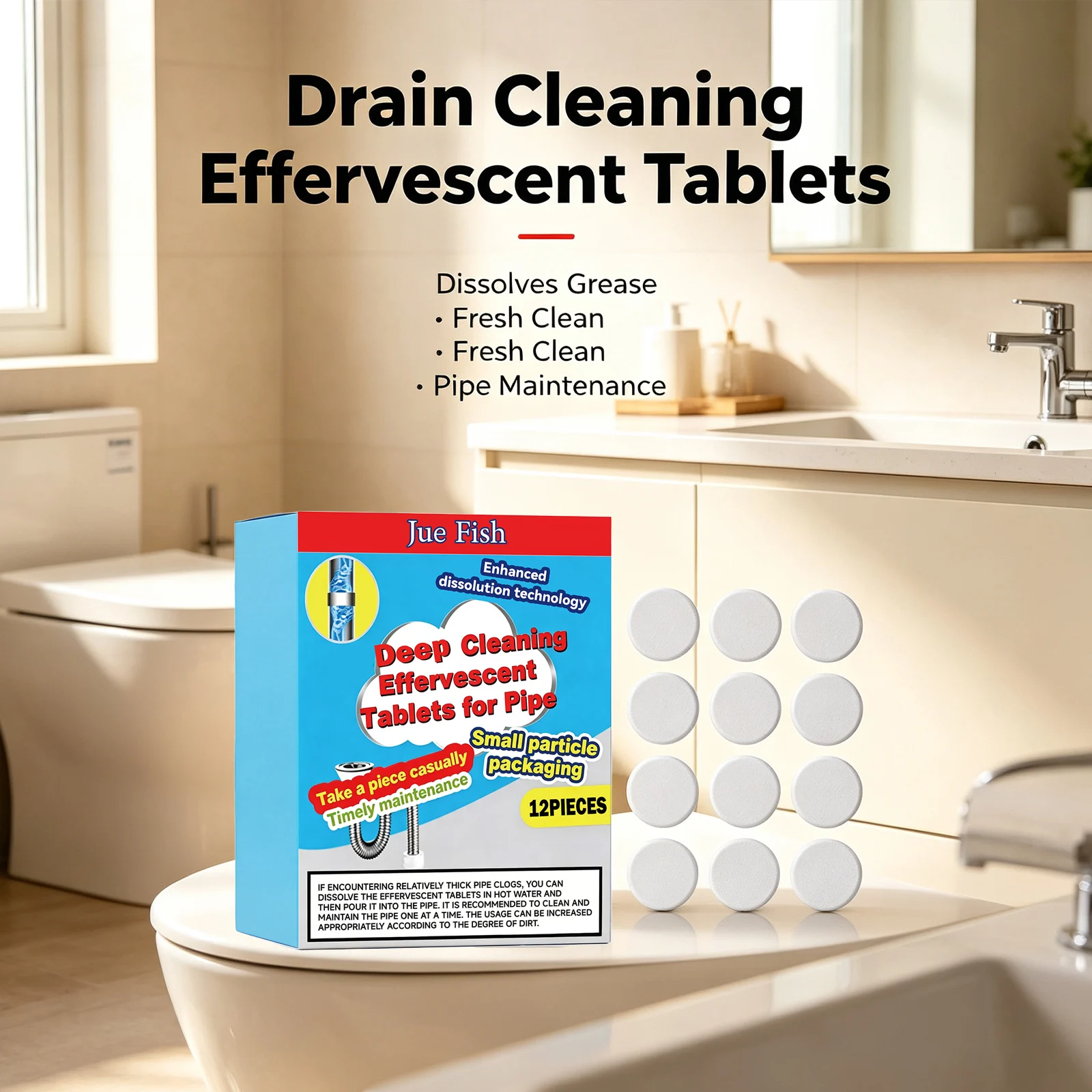 Jue Fish Pipe Cleaning Effervescent Tablets Dissolve Grease & Dirt Remove Blockages Eliminate Odors Sink Drain Cleaner Tablets