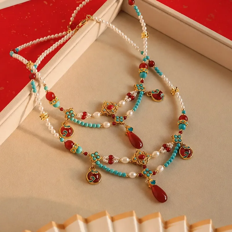 Original New Chinese Double Layer Soft Yingluo with Pearl Agate Short Necklace for Hanfu Qipao Elaborate Tang Ming Handmade Chic