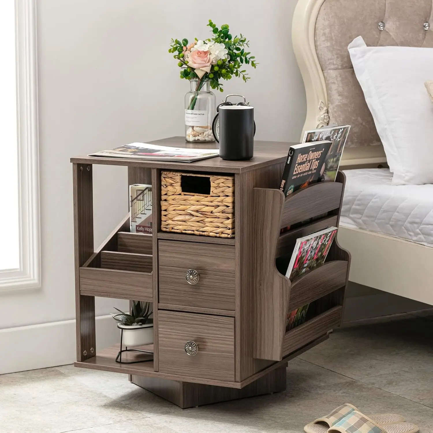 End Table, Modern Farmhouse End Table with Magazine Rack and Drawers, Revolving End Table with Storage for Living Room