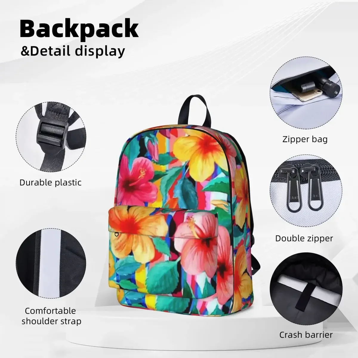 OTT Maximalist Hawaiian Hibiscus Floral With Stripes Backpacks Boys Girls Bookbag Casual Students School Bags Laptop Rucksack