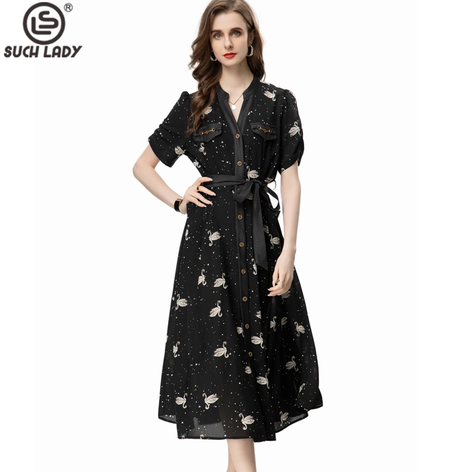 

Women's Runway Dresses V Neck Printed Short Sleeves Printed Single Breasted Mid Fashion Casual Vestidos