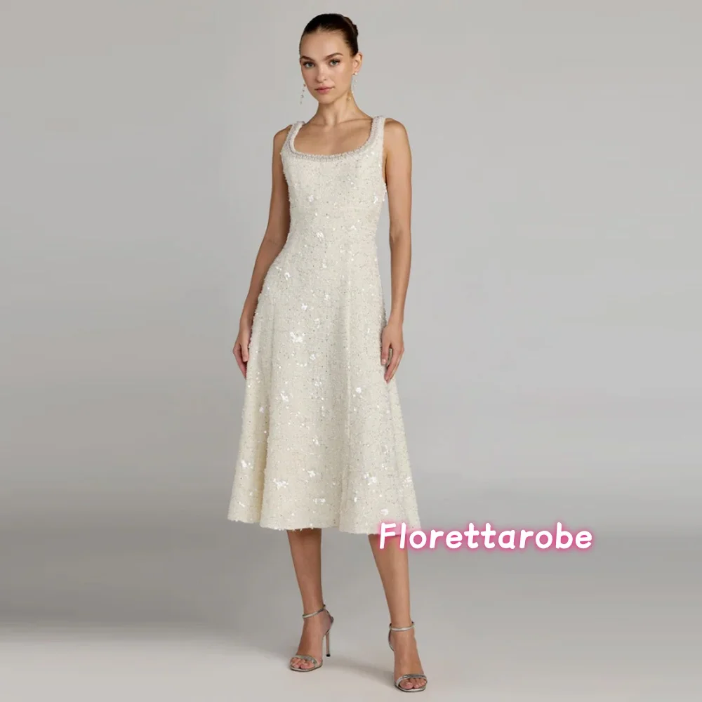 Maßgeschneidertes elegantes Ballkleid für Damen, quadratischer Ausschnitt, ärmellos, Pailletten, Perlen, glitzerndes Abendkleid, Teelänge, Partykleid