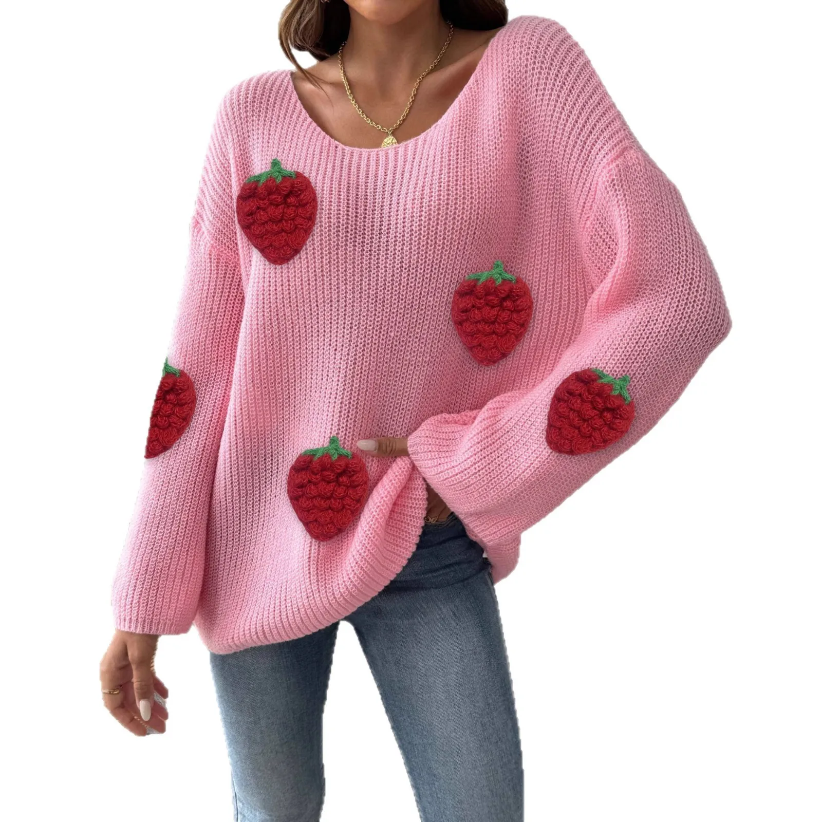 트렌디한 3D 딸기 스웨터 2025 |   여성용 루즈 보트넥 오프숄더 플레어 슬리브 풀오버