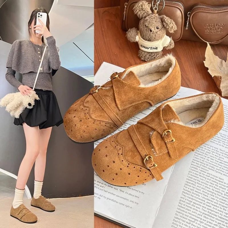 

New Brown Round Toe Flats Shoes Women 2026 Faux Suede Lace Up Flat Shoes for Woman Plus Size 40 Soft Walking Casual Shoes Female