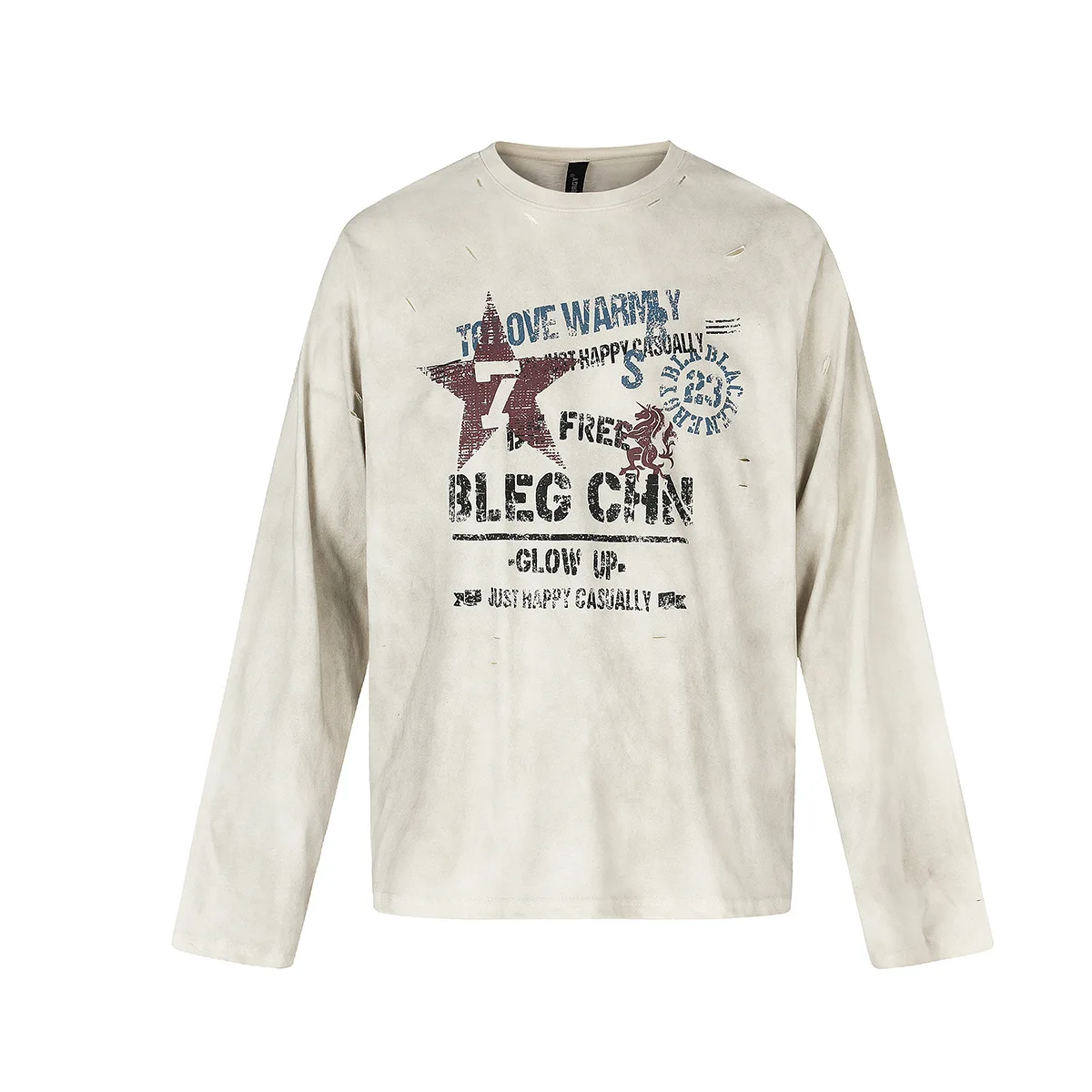 MWJLPWQ 2026 Autumn New American Street Style Long Sleeve Men's T-Shirt Washed Distressed Printed Crew Neck Base Tops 20072