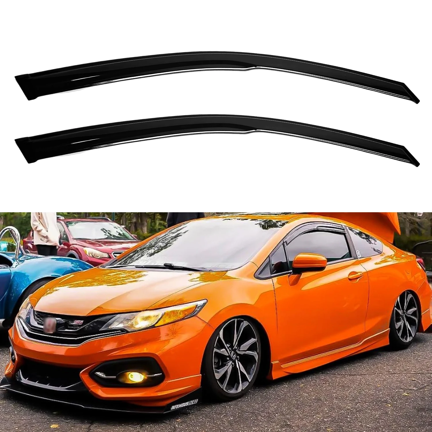 

For Honda Civic 2-Door Coupe 2001-2005 Wind Deflectors Tinted 2pcs Set External Rain Guards with Water Channel 1.5MM Thickness Boxed (Equivalent to US Discontinued 1006370)