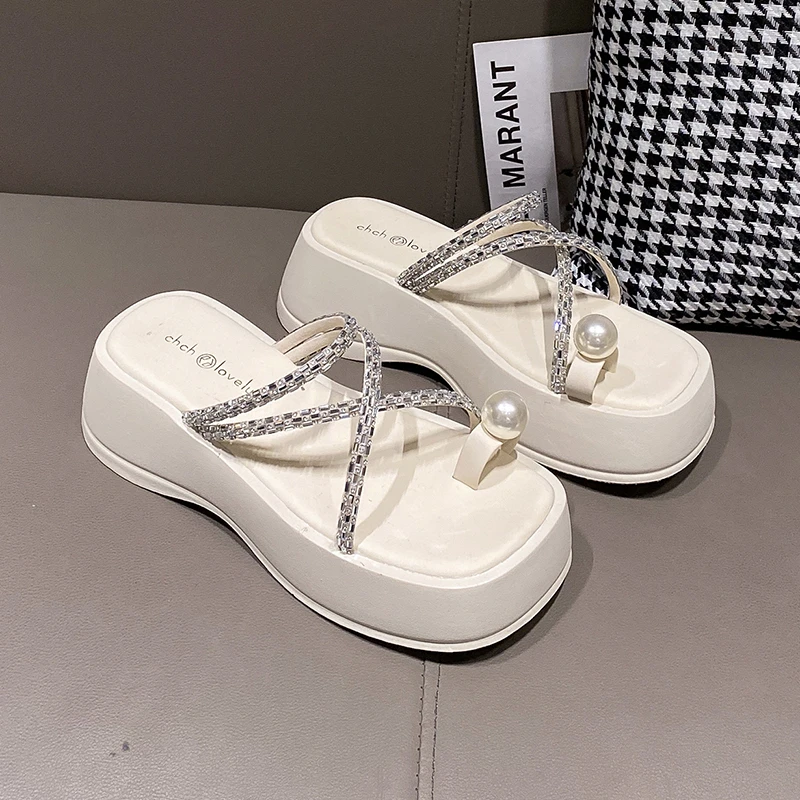 Women's Rhinestone Crisscross Platform Slide Sandals, Fashion Round Open Toe Summer Shoes, Casual Outdoor Beach Slides