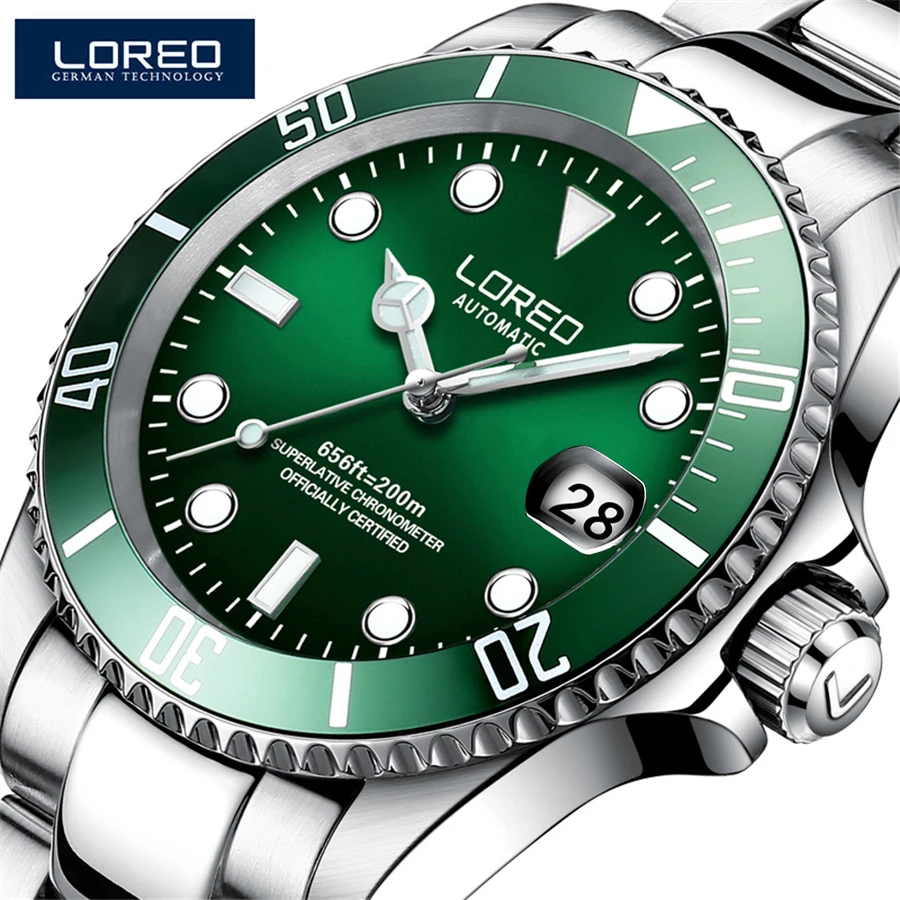 LOREO New Sapphire Glass Automatic Mechanical Watch Luxury Steel 200m Waterproof Business Watch Men Watches Reloj Hombre