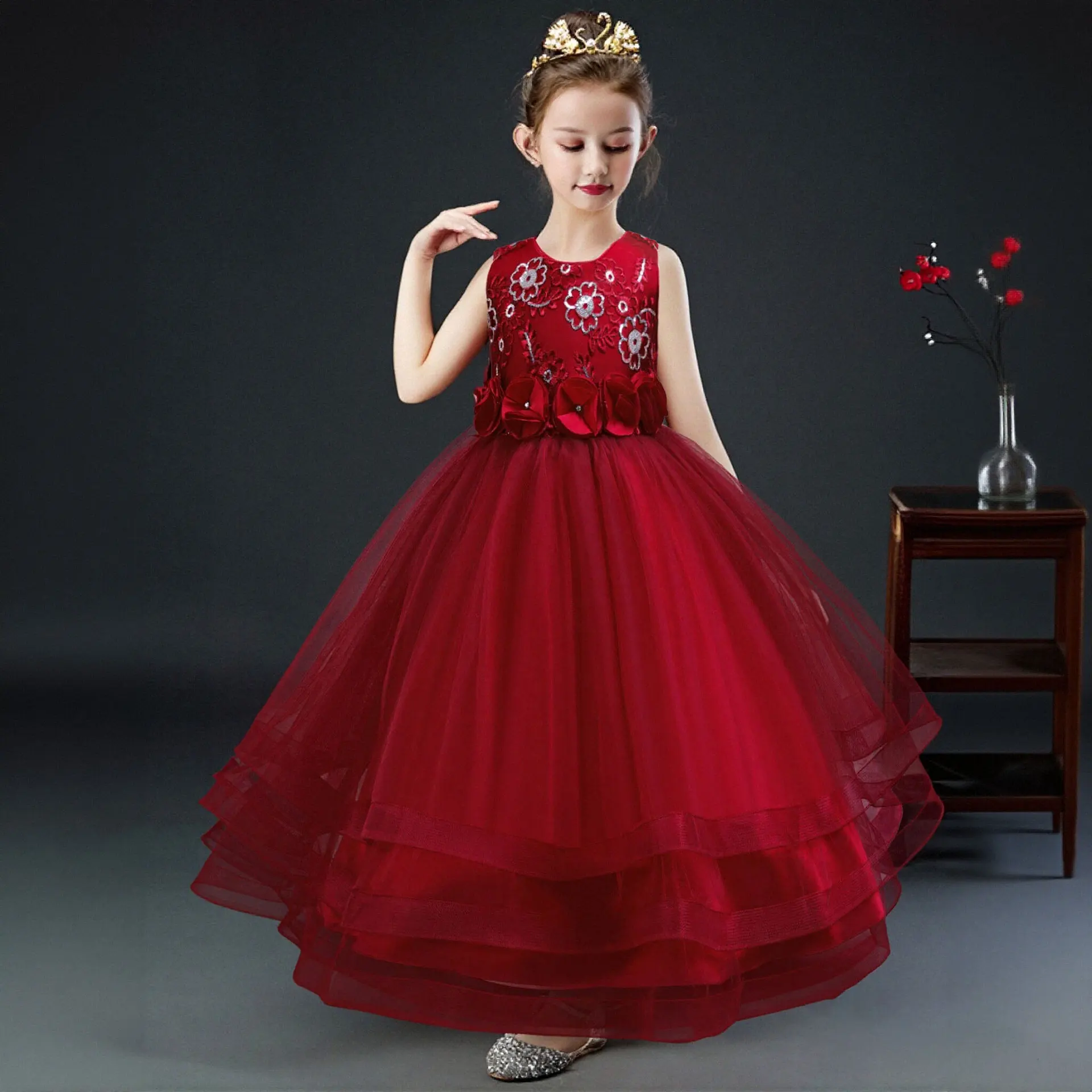 

Elegant Girls Party Dress Christmas Flower Embroidery Maxi Princess Dress For Girls Bridesmaid Evening Prom Children Clothes