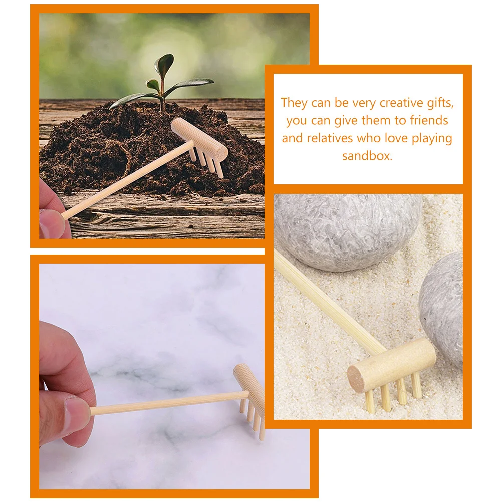6 pièces de râteaux à sable en bambou, mini taille, robustes, portables, pour jardin, bac à sable, table, outils de jardinage, ensemble de décoration, mini râteau