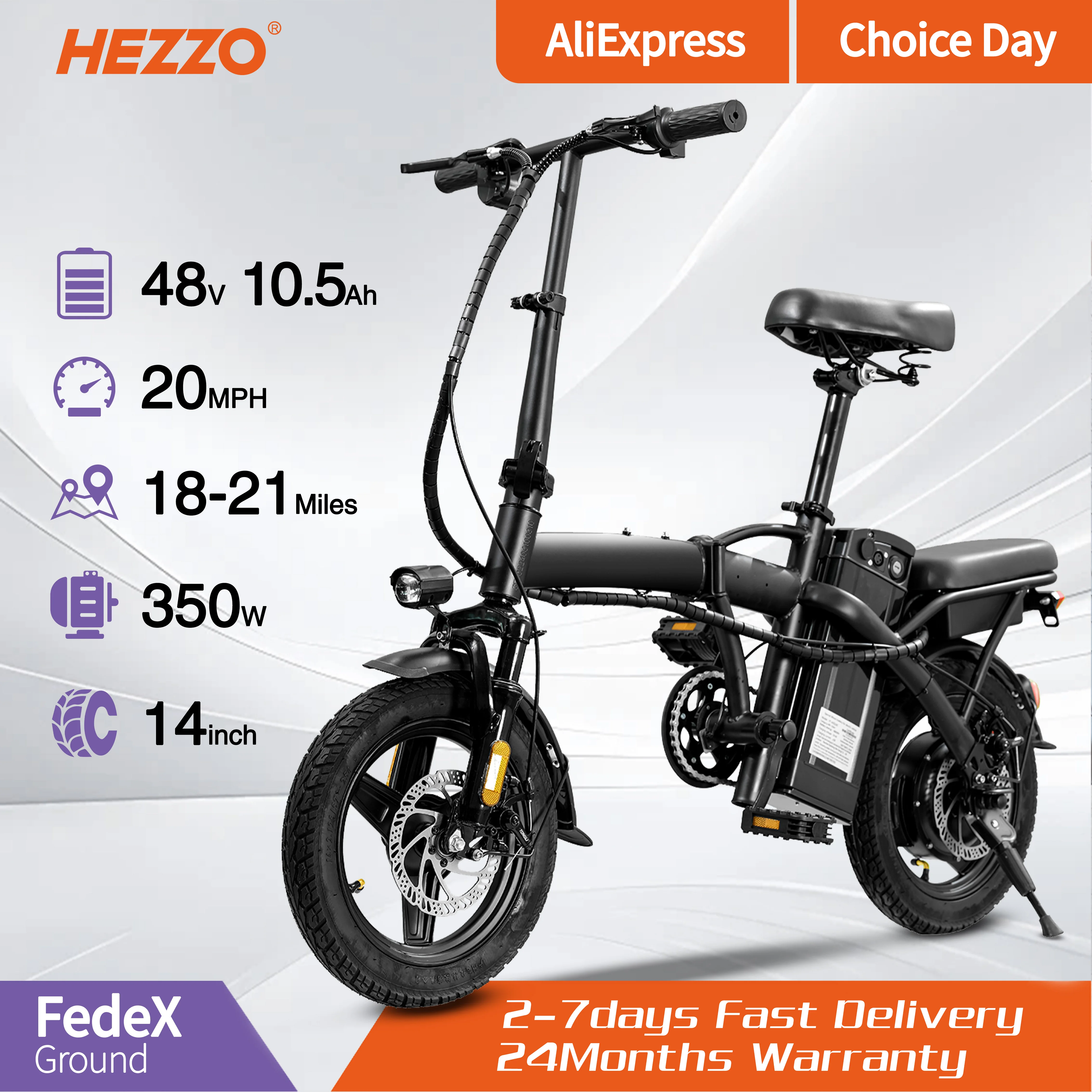 HEZZO T5 格安電動自転車 48V 350W 折りたたみ式電動自転車 10.4Ah 長距離走行 ディスクブレーキ 14インチ スマホホルダー付き EU・US倉庫発送