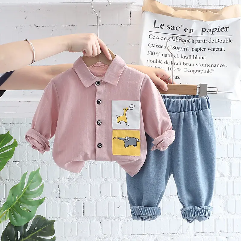 New Autumn Spring Kids Boy Fashion Cartoon Clothing Kid Suits Strips Shirt Pants Jeans 2pcs/Set Children Clothes Set 0-5 Years