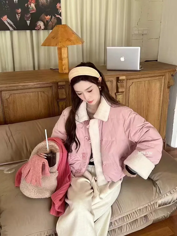 2025 winter new Korean version lamb wool splicing short style lapel down jacket women's versatile and anti-aging coat