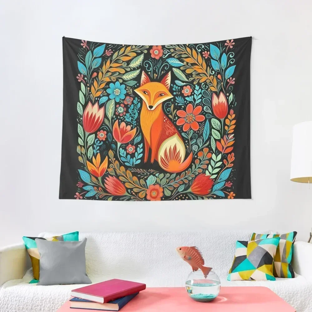 

Folk Art Fox Floral Tapestry Decor For Bedroom Room Decor For Girls Tapestry