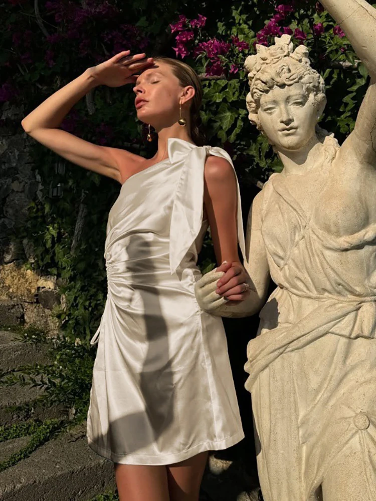 Fantoye satén Sexy un hombro ahuecado arco mujeres vestido albaricoque sin mangas vestido con cordones verano ajustado elegante vestido de fiesta Club