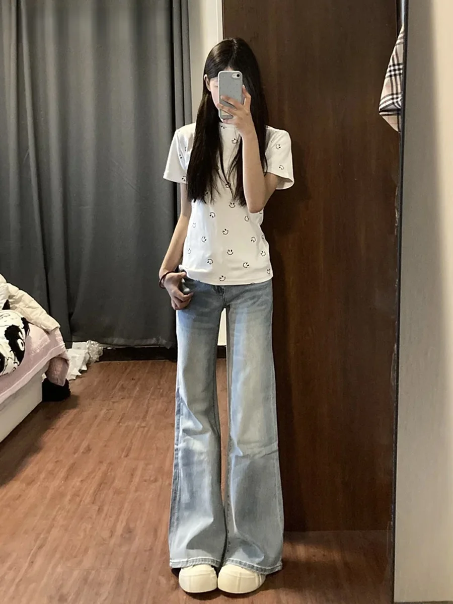 Light Blue Flared Jeans Women's Loose Fitting Bootcut Pants Casual Style Natural Waist Bootcut Denim Skinnifying Straight Leg...