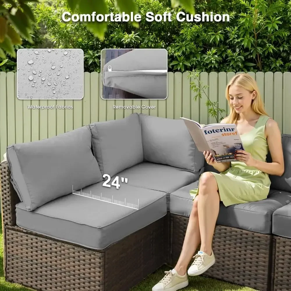 5-Piece Outdoor Patio Furniture Set with Fire Pit, Sectional Sofa, Rattan Wicker, Cushioned Garden Deck Chairs in Grey