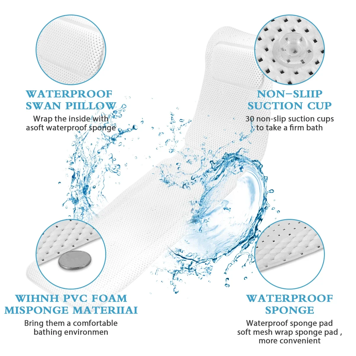 Non-slip Bathtub Cushion Mat with Suction Cup Full Body Rest Bath Pillow SPA Neck Cushion Hangable Bathroom Safety Accessories