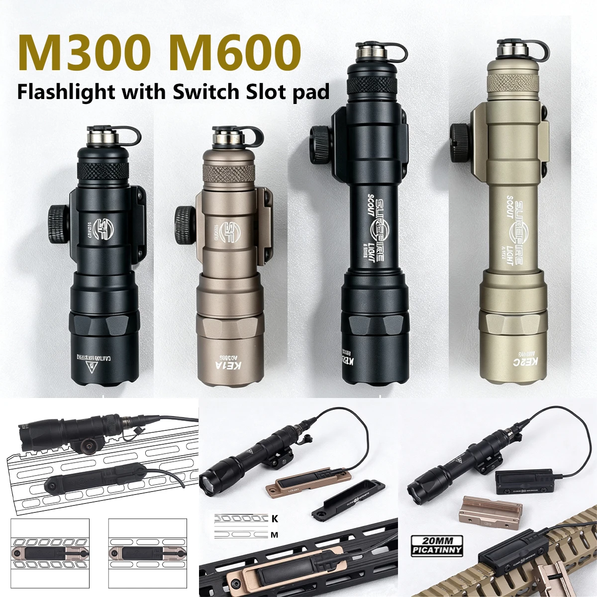 Surefire M600 M300 LED Flashlight with ST07 Switch Slot Pressure Pad M/K 20mm Rail Aluminum Torch Hunting Weapons White Lights
