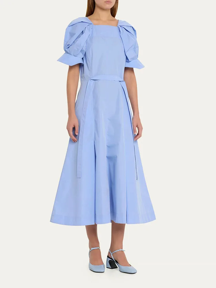 y2k spring and summer ruffles solid color square neck bubble sleeve long dresses2023simple slimming chic and elegant woman dress