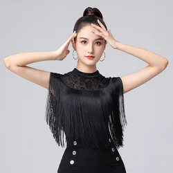 2024 Women Latin Dance Tassel Top Female Modern Ballroom Long Fringe T-Shirt Black Sexy Lace Mesh Necklin Summer Sleeveless Vest