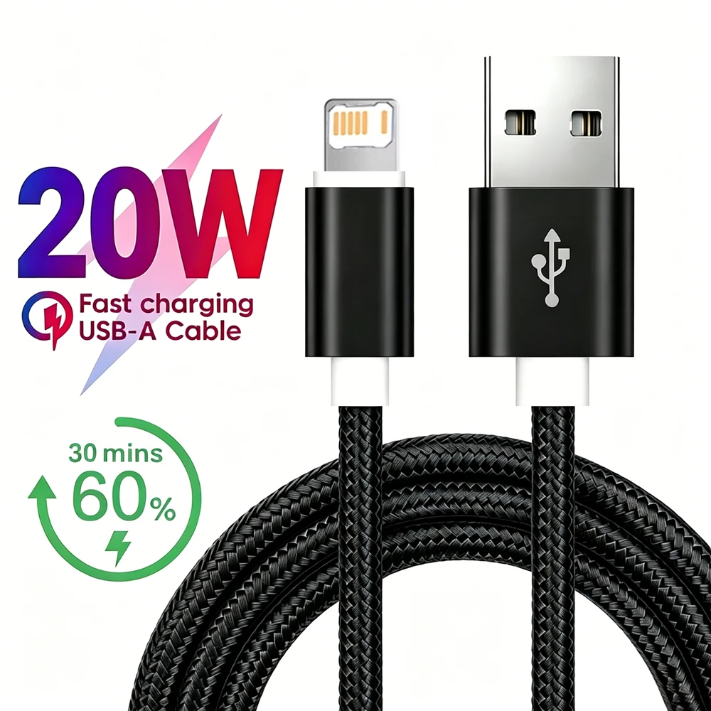 20W USB Fast Charging Cable For iPhone 11 12 13 Mini 14 Pro Max X XR XS Max 7 8 14 Plus SE Rapid Charge Nylon Braided Data Cable