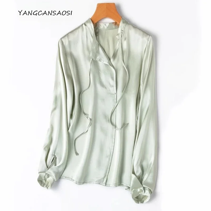 Artistic Design Feeling Soft and Glutinous 100% Natural Mulberry Silk Satin Standing Neck V-neck Long Sleeve Women's Shirts