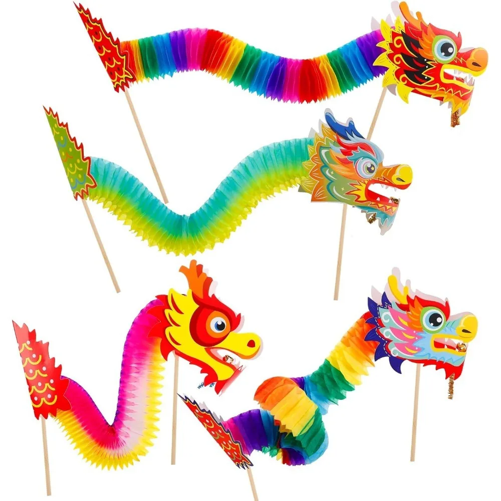 4pcs 3D Chinese Paper Dragon Decorations Random Colors - Handheld Hanging Garland Crafts New Year Celebrations Party Supplies