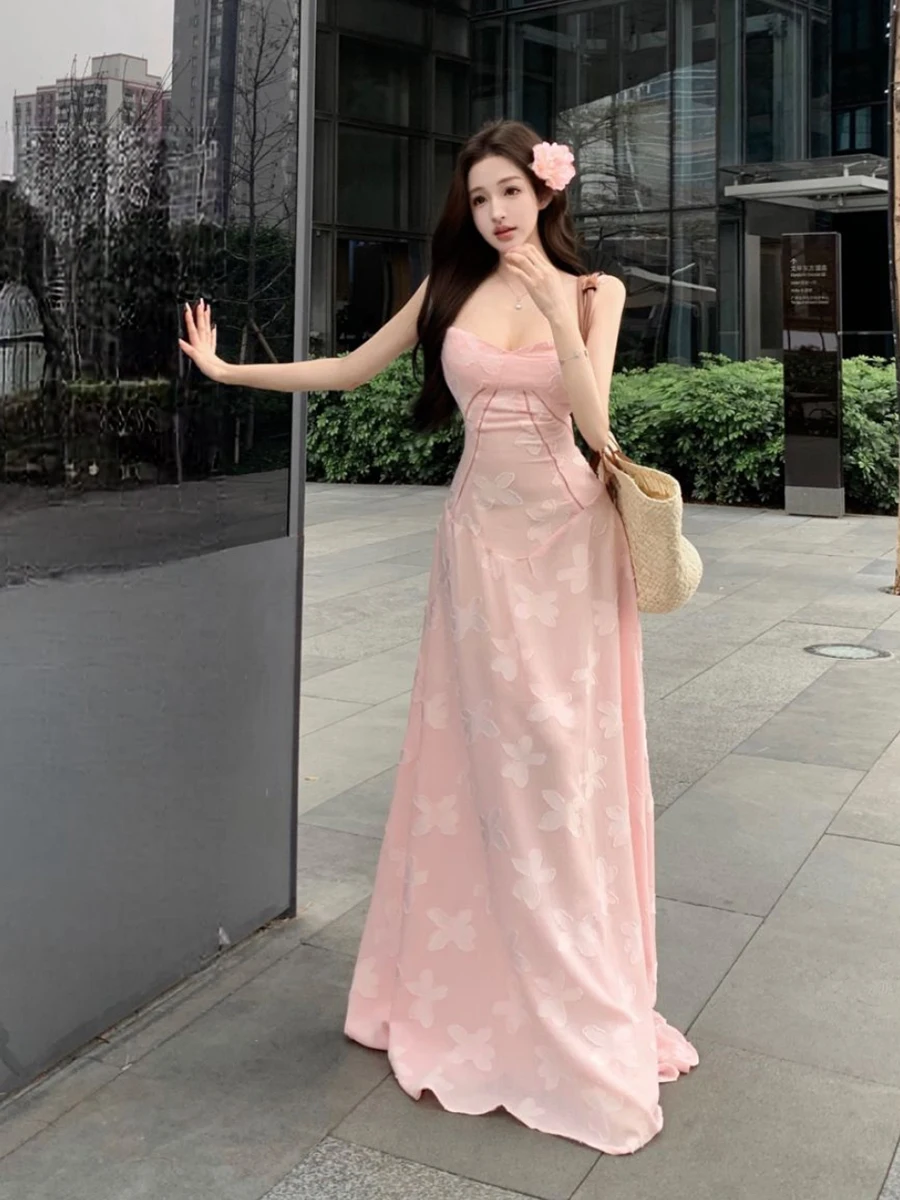 ReddaChic Abito lungo maxi da donna strutturato con fiori ricamati, cinturino per spaghetti, vestibilità svasata, abito da festa con lacci, abiti da sposa