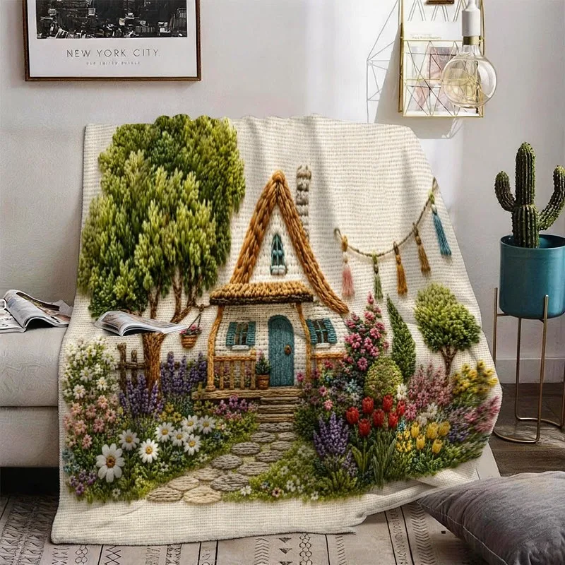 Cottagecore Floral Garden Blanket Throw Needlepoint Embroidery House Cottage Picnic Decor Cozy Aesthetic Print for Couch Bedroom