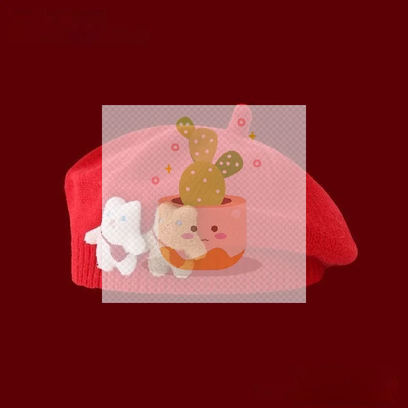 1個入り 可愛いストラップ付きクマさん柄 暖かいビーニーキャップ 無地ニットベビーベレー帽 子供 女の子 秋冬 アーティスト ペインターハット