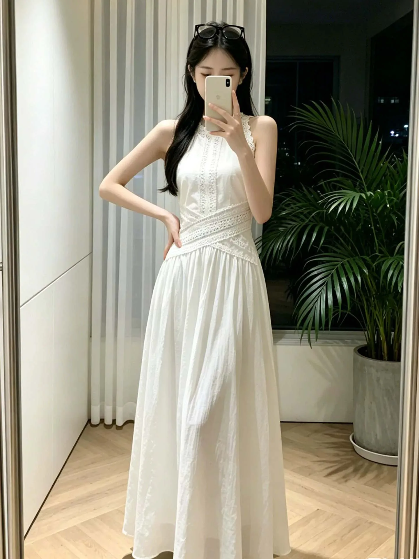 

Retro Sleeveless Neck Hanging Lace Trim Dress Women's Summer New Slimming Waist Fairy Long Dress High Waist A-Line Skirt