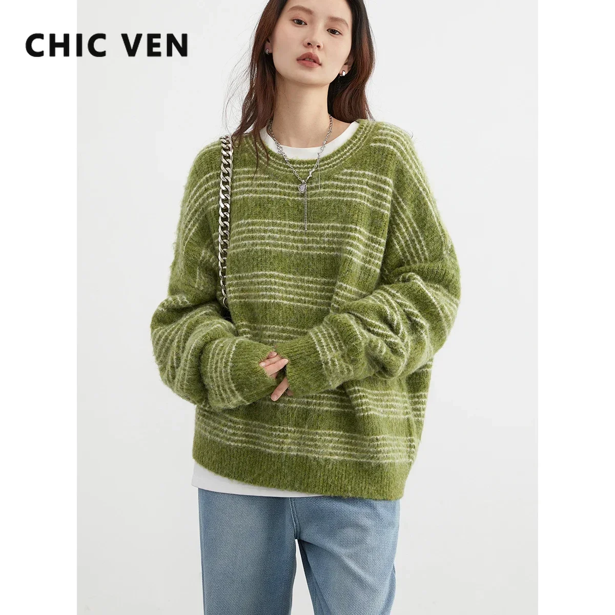 CHIC VEN Women\'s Sweaters Loose Long Sleeve New Round Neck Contrast Stripe Jumpers Warm Knit Female Top Winter Autumn 2023