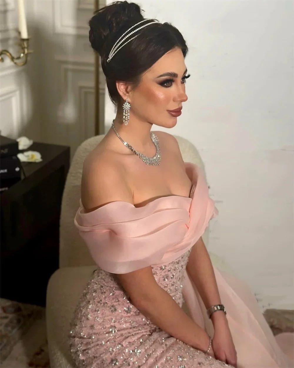 Customized Prom Gown Formal Evening Dress Asymmetrical Column Floor Length Open Back Skirts Sequin Tulle Stole Bead Bespoke Occa
