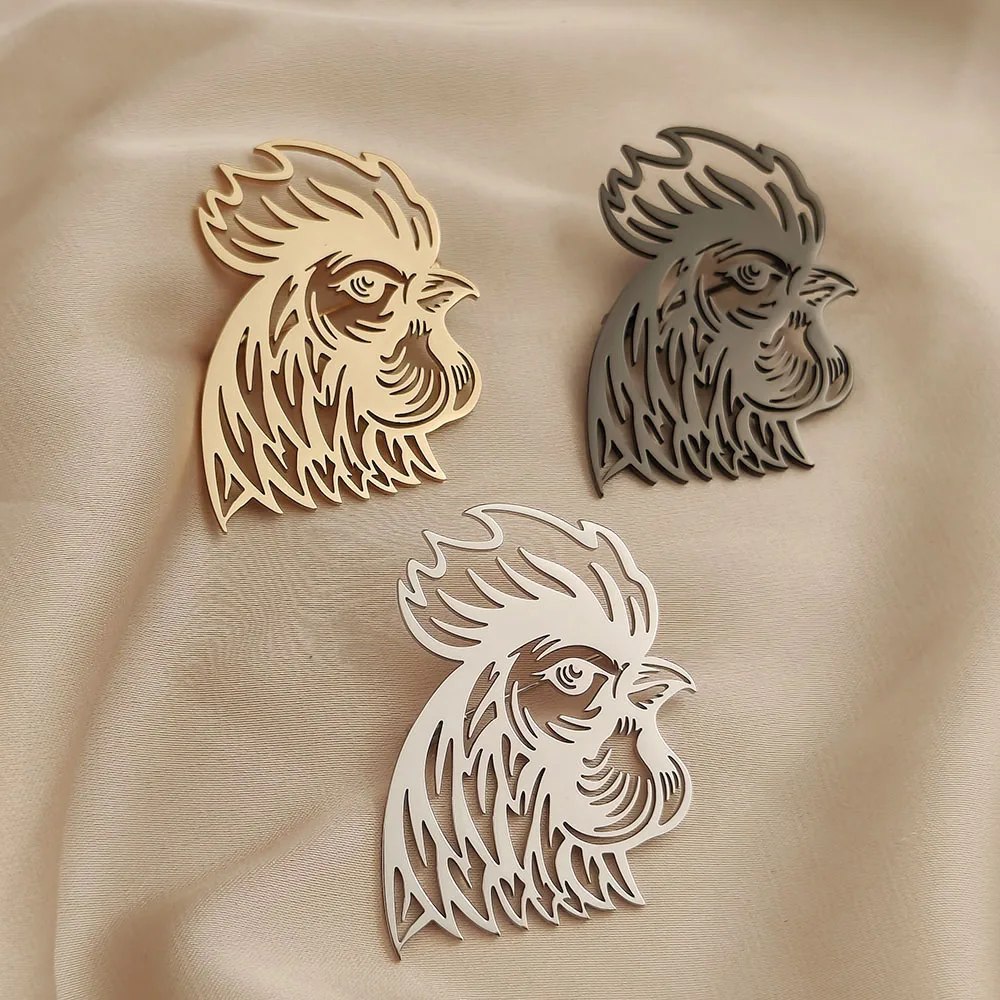18K Gold‑Plated 316L Stainless Steel Rooster Head Brooch Hollow Farm Animal Accessory For Suit Blazer Lapel Decor Pin