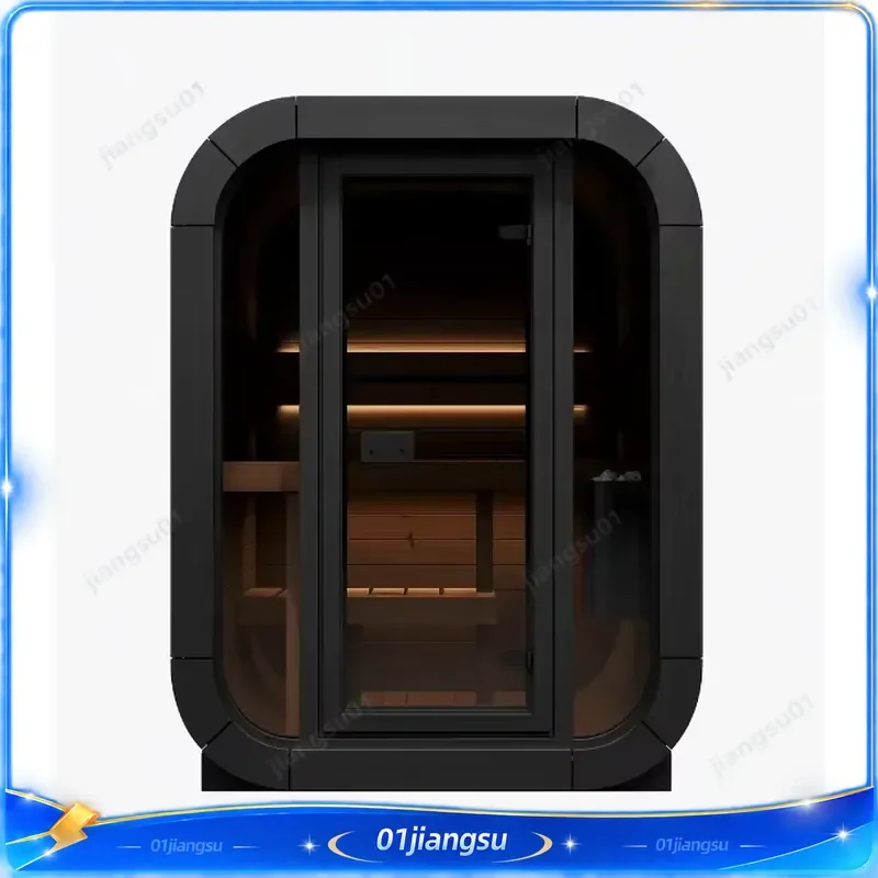 2 Person Outdoor Hemlock Solid Wood Panoramic Cube Sauna Room with Wood Burning Stove Portable Home Spa Heat Therapy Wellness