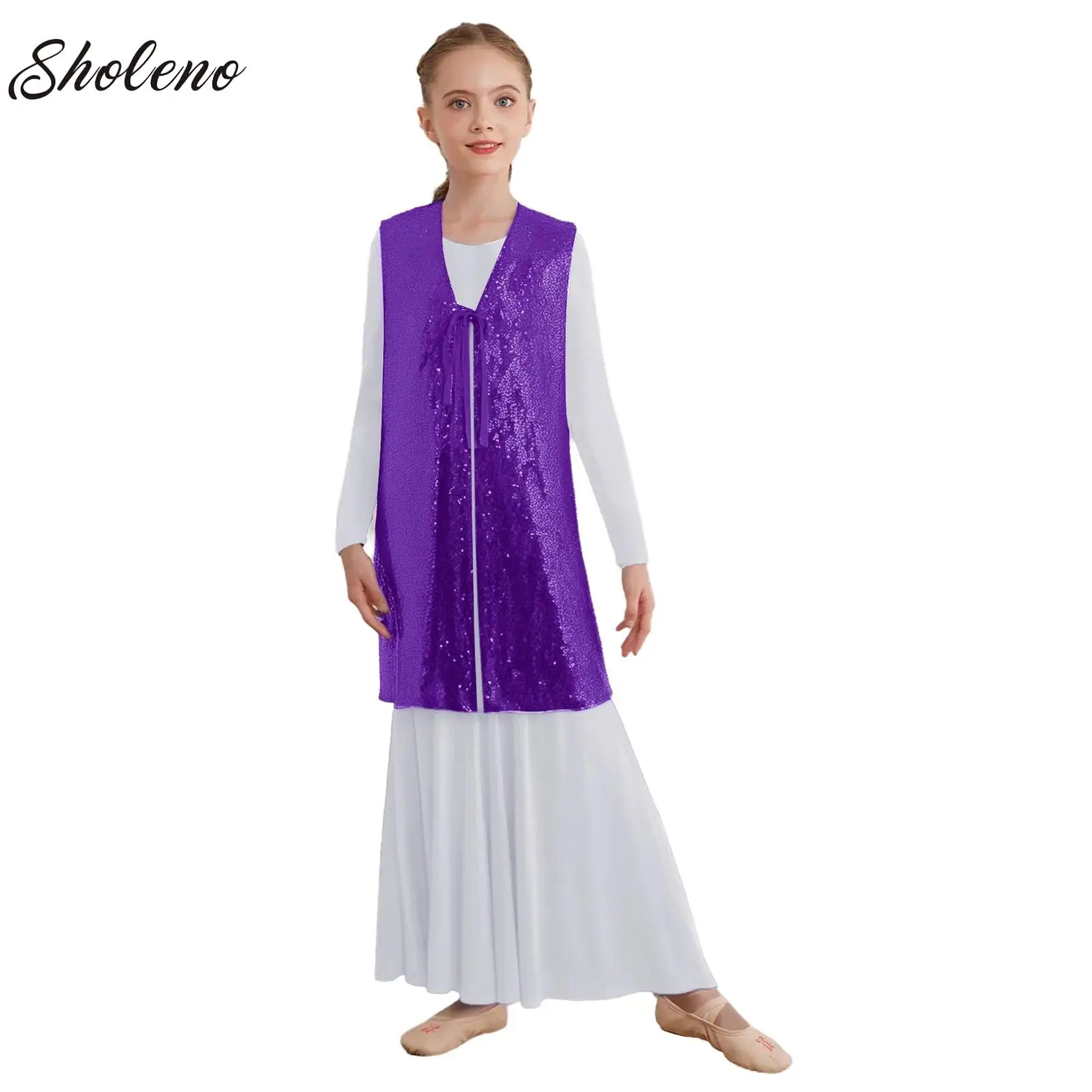 

Child Sequins Praise Worship Tunic Kids Girls Jazz Modern Dance Stage Performance Costume Open Front Self-Tie Long Waistcoat