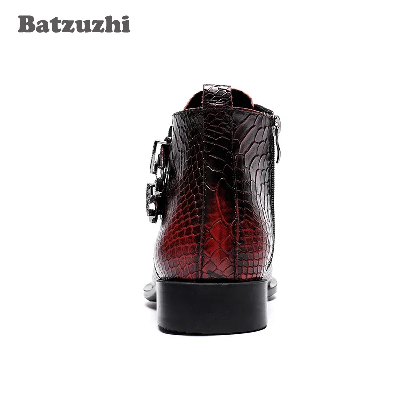 Batzuzhi Korean Type Fashion Men Boots botas hombre Leather Dress Boots Pointed Metal Tip Wine Red Party and Wedding Boots Men