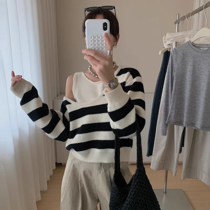 Kleurcontraststreep nep tweedelige off-shoulder trui herfst winter dames losse bovenkleding O-hals gebreide trui met lange mouwen