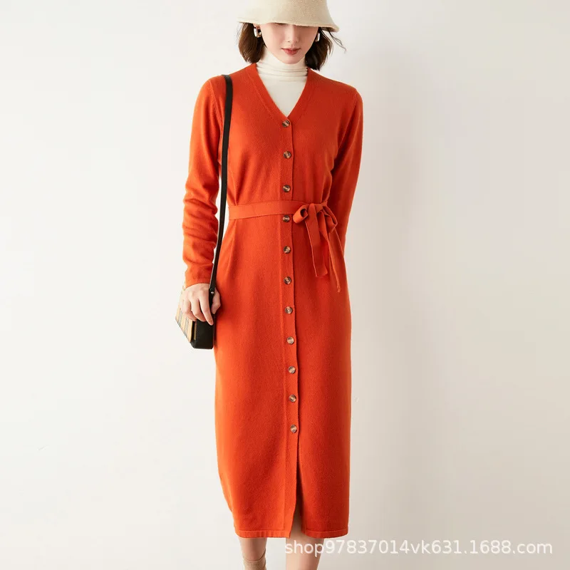 

Осенне-зимний женский вязаный свитер с v-образным вырезом шерстяное женское длинное платье однобортный длинный кардиган