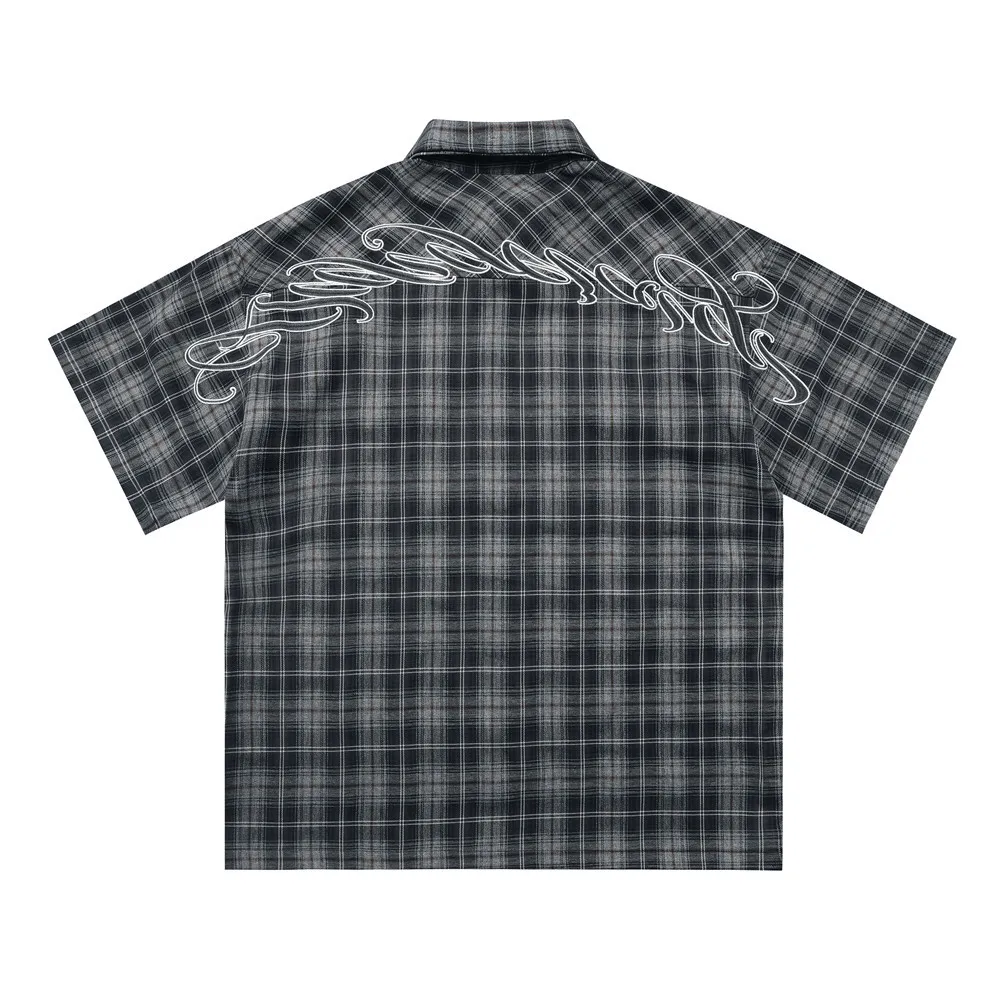 Letters Embroidery Plaid Short Sleeve Shirts Mens Summer Casual Retro Lapel Single Breasted Half-Sleeve Cotton Checked Shirt Man